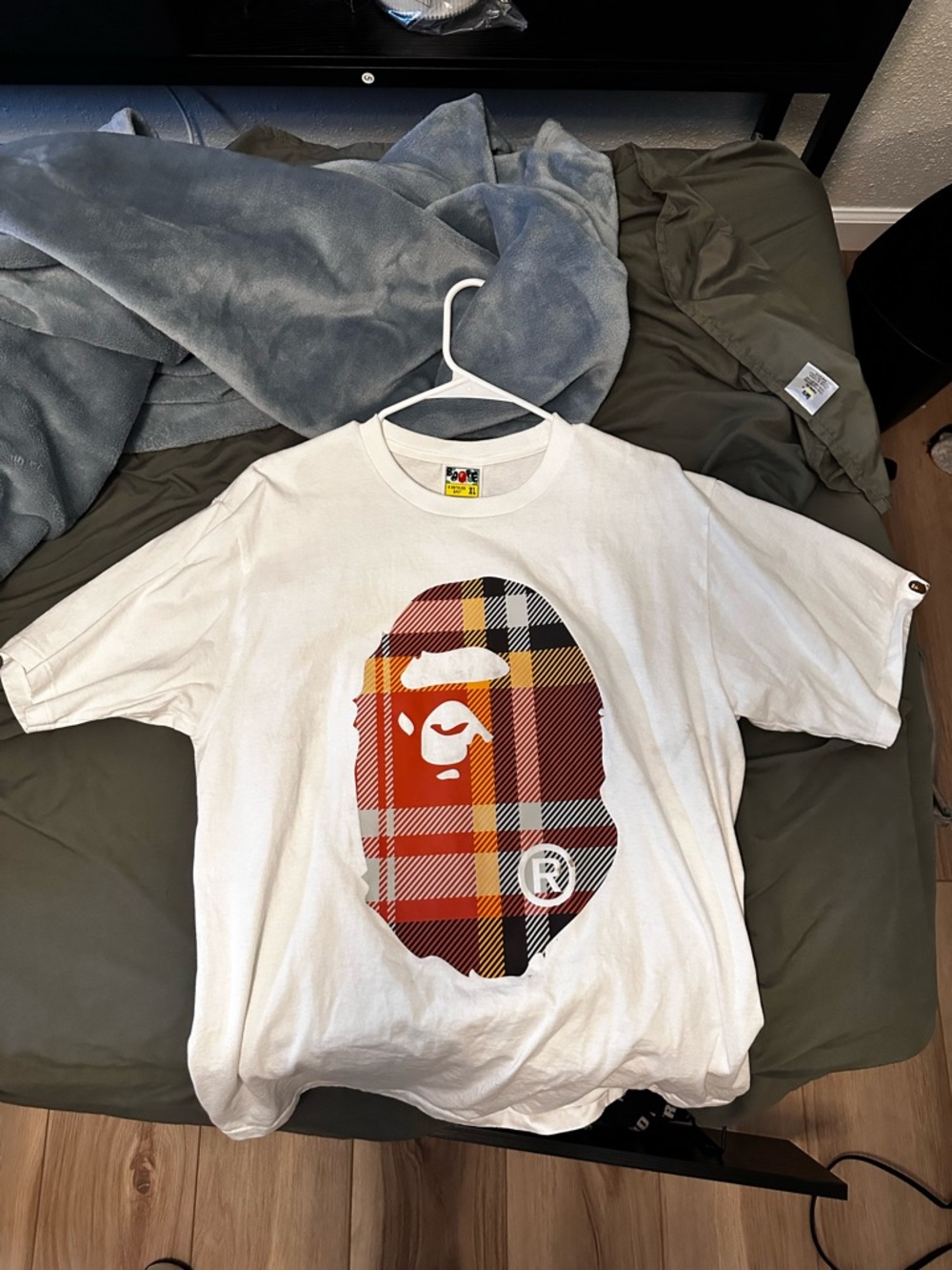 A Bathing Ape (BAPE) Men’s White Plaid Ape Head Short Sleeve Tee